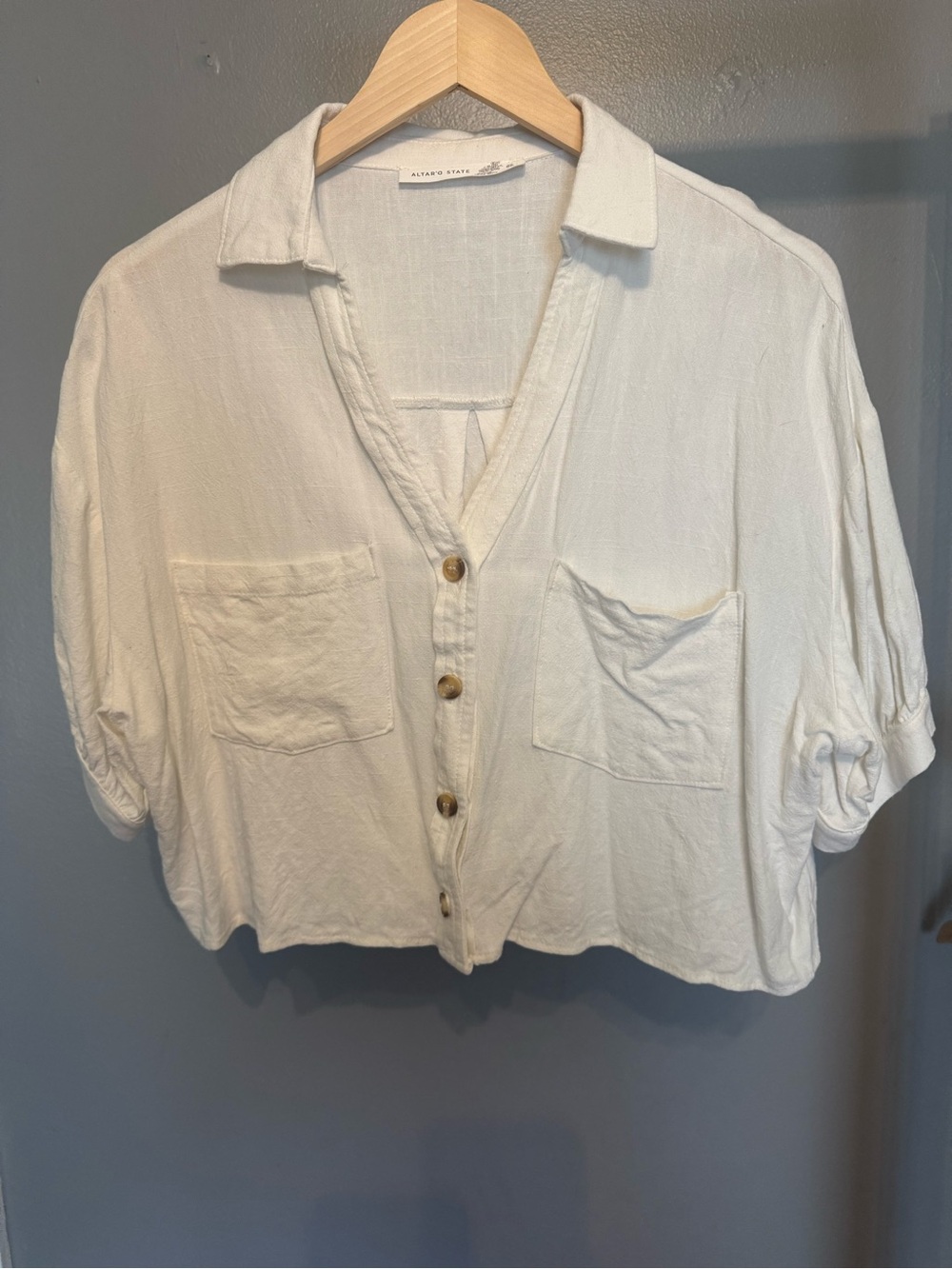 Altar'd State Cream Button-Front Cropped Shirt